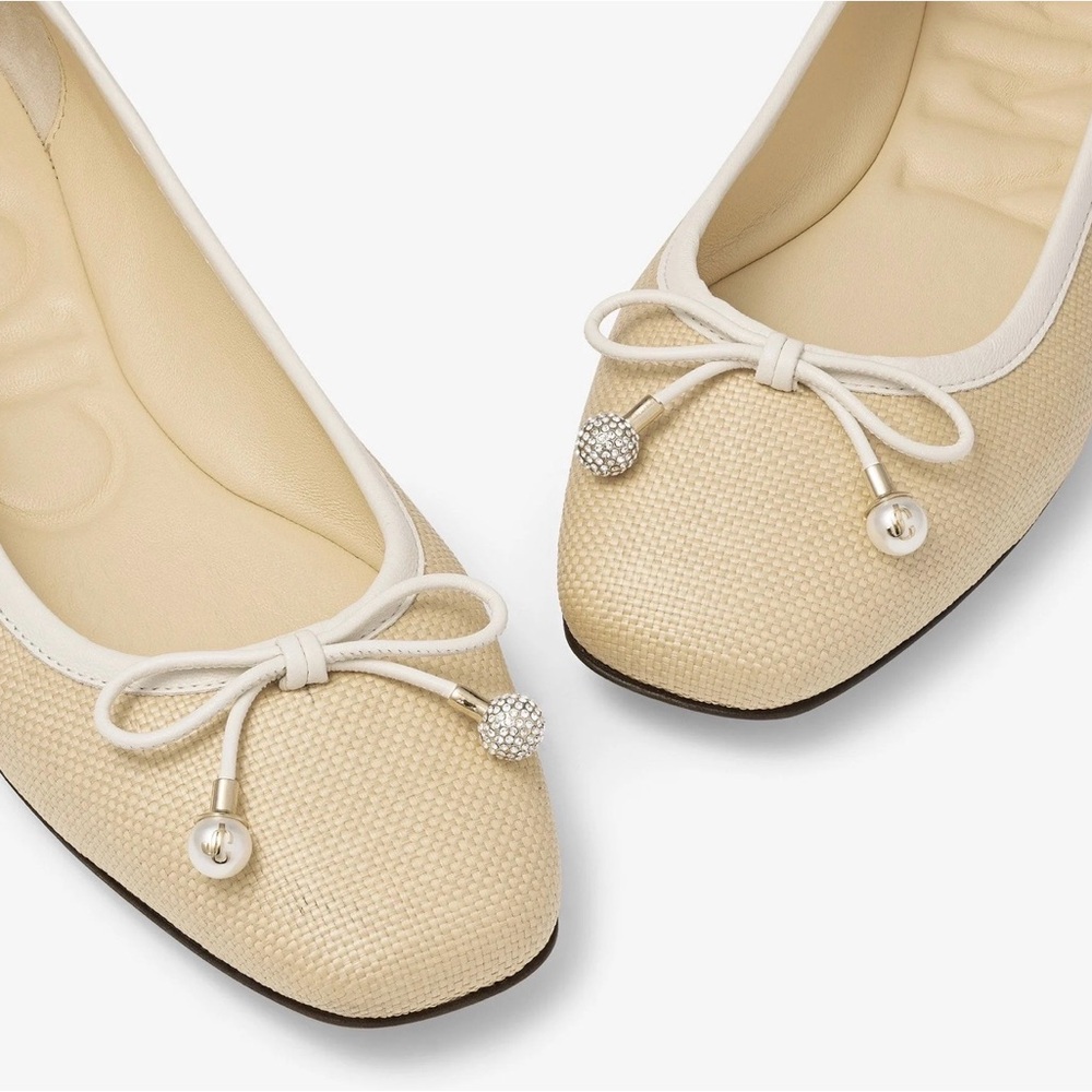 JIMMY CHOO Elme embellished leather-trimmed raffia ballet flats Size IT 39.5 - Picture 2 of 15
